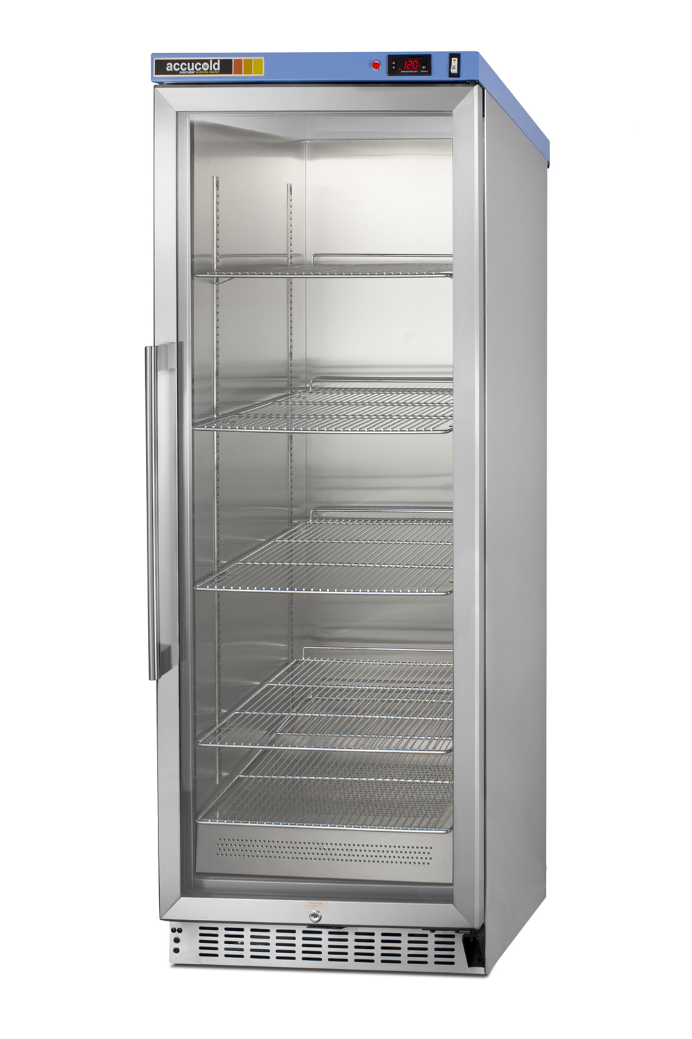 Single chamber passive heating blanket warmer with a self-closing glass door, stainless steel interior, digital thermostat, stainless steel cabinet, and lock